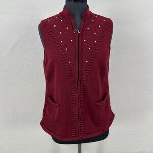Emotions Women's Mock Neck Sweater Vest M Burgundy Zip Pearl Pockets